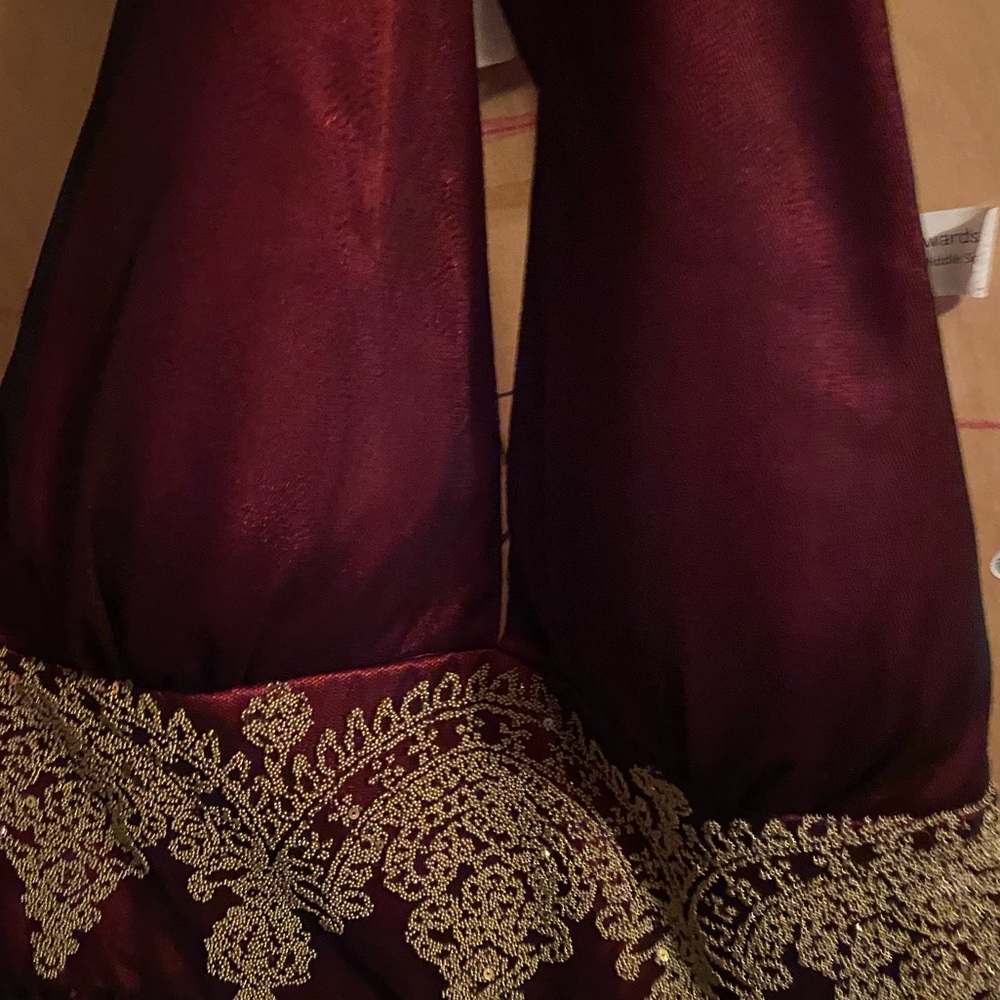 Maroon and gold formal dress. Tea length. Halter
